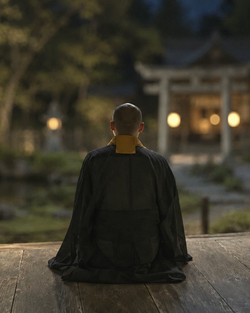 夜の寺の縁側で坐禅を組む僧侶の後ろ姿